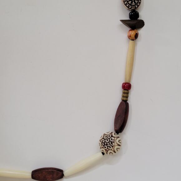 Tribal Boho Beaded Necklace With Carved Wood Bone Style Beads And Earthy Accents - Picture 3 of 10